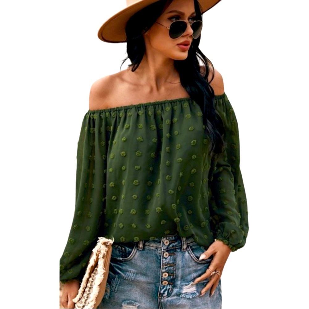 Hunter Green Off-Shoulder Flowy Swiss Dot Blouse NWT